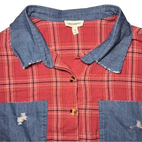 Dance & Marvel Red Plaid and Denim Raw Edge Flannel Women’s Size Medium - Picture 3 of 10